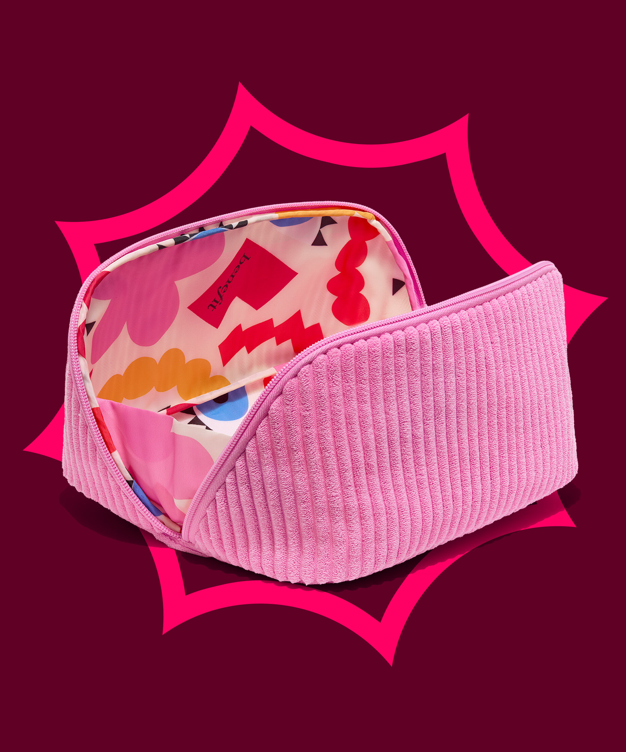 Stash your Bene-faves in style! This corduroy clamshell bag can handle all your beauty needs. Get it FREE when you spend $70+!*