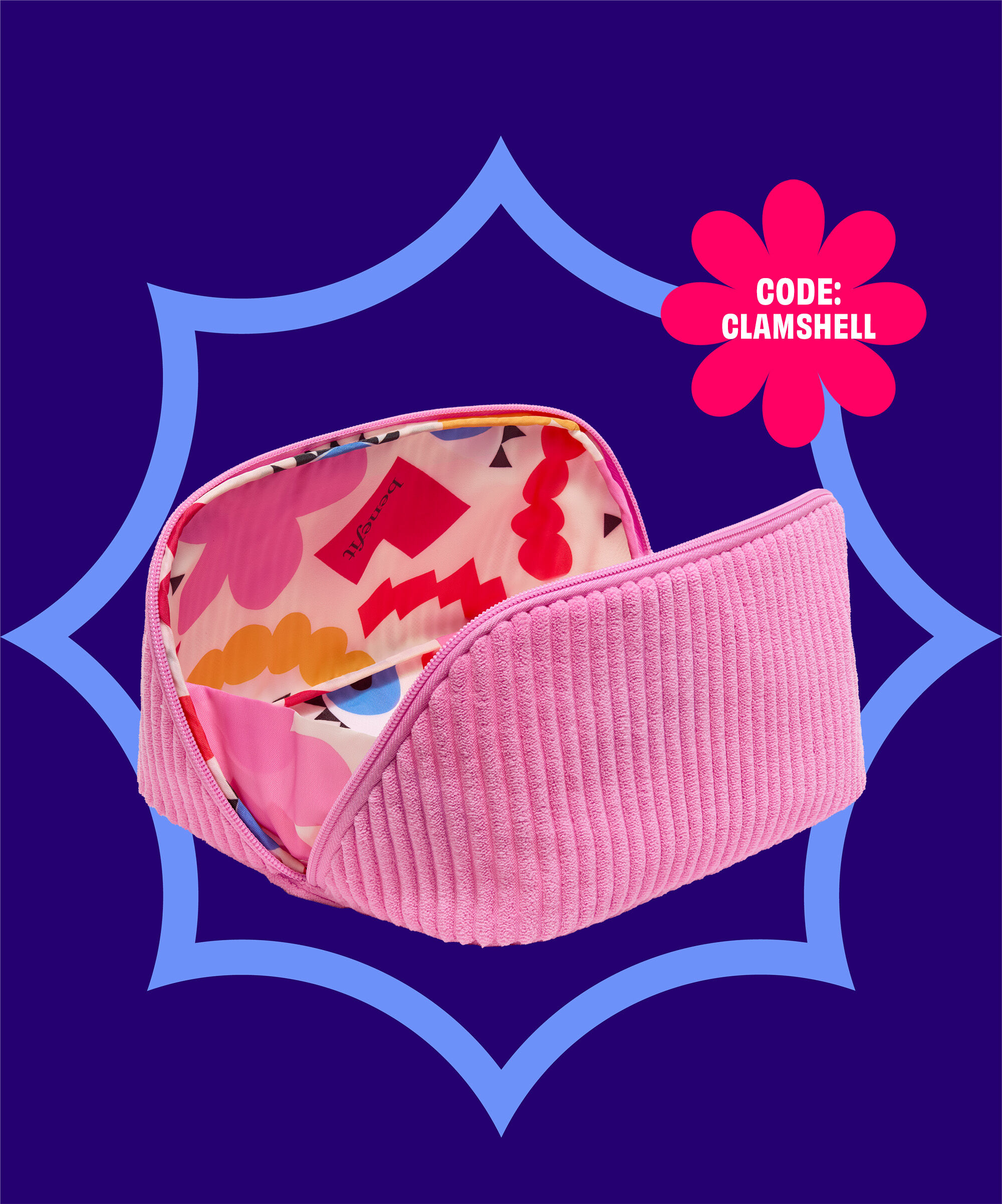 Stash your Bene-faves in style! This corduroy clamshell bag can handle all your beauty needs. Get it FREE when you spend $70+!*
